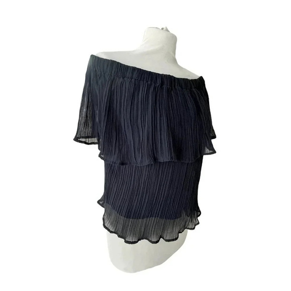 Express Tops - Express || Y2K Chiffon Tiered Off Shoulder Ruffle Blouse Navy Women’s Medium
